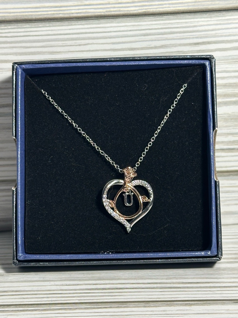 Stainless Steel Initial “U” white and rose gold plated CZ Heart Pendant Necklace